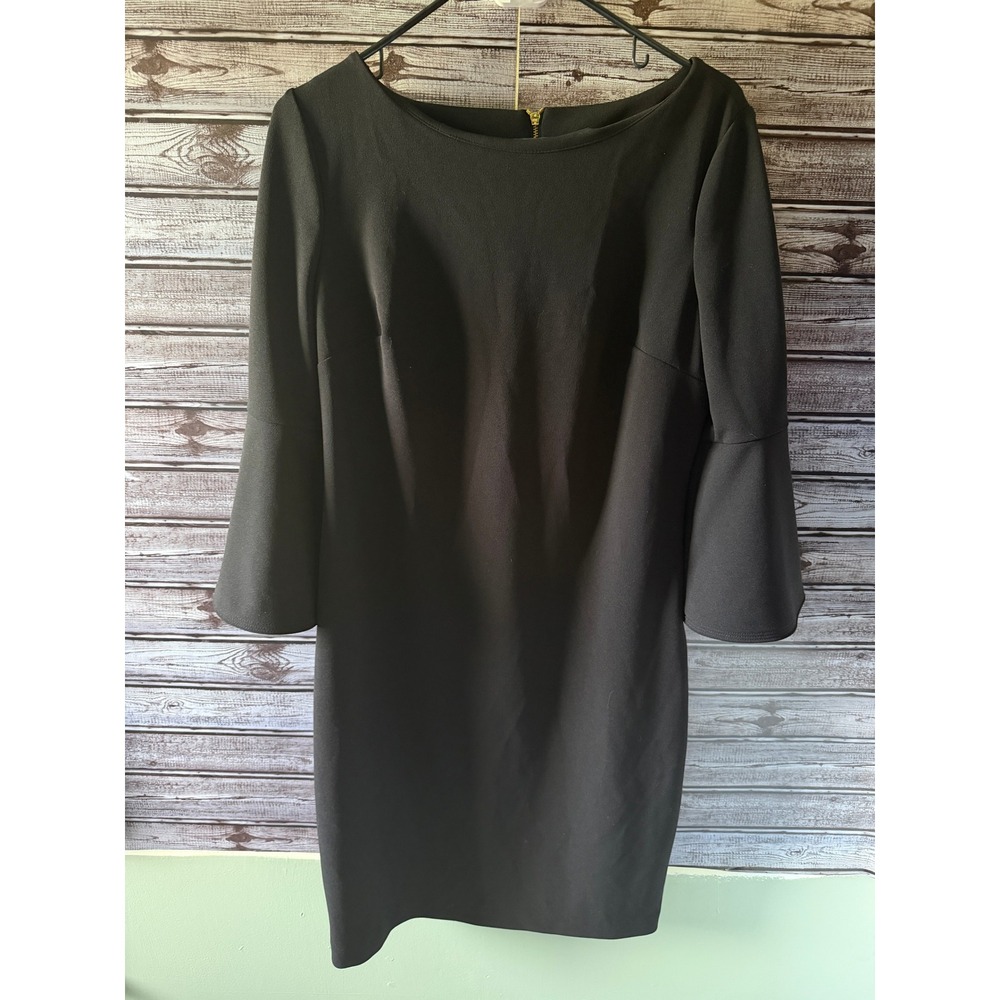 Calvin Klein Women's Bell Sleeve Sheath Dress Size 14 Exposed Gold Zipper Black
